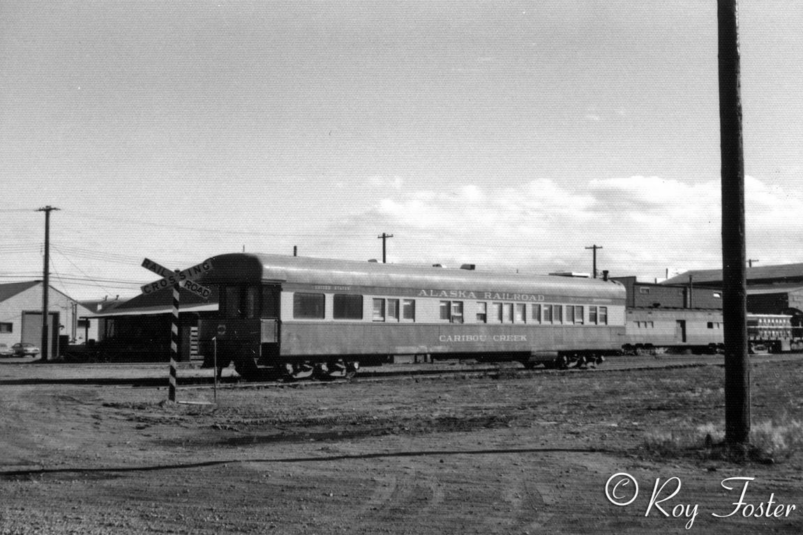 In Anchorage on freight house, house track lead, former ARR business car Caribou Creek sold to interests outside Fall of 1976