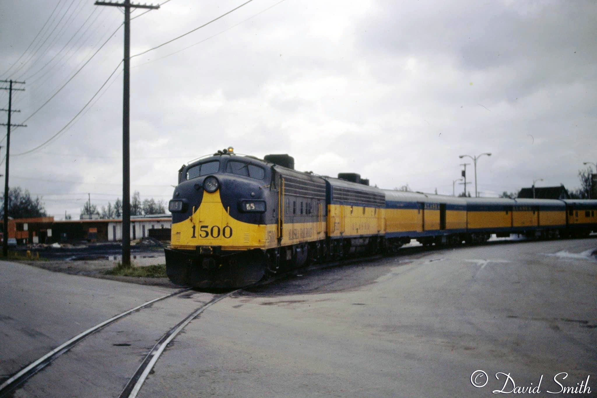 Train 5 with F7A 1500 & F7B 1517. On the point is ready to depart the depot at Fairbanks.