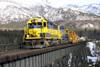 Work train crossing Riley Creek bridge in Denali Park